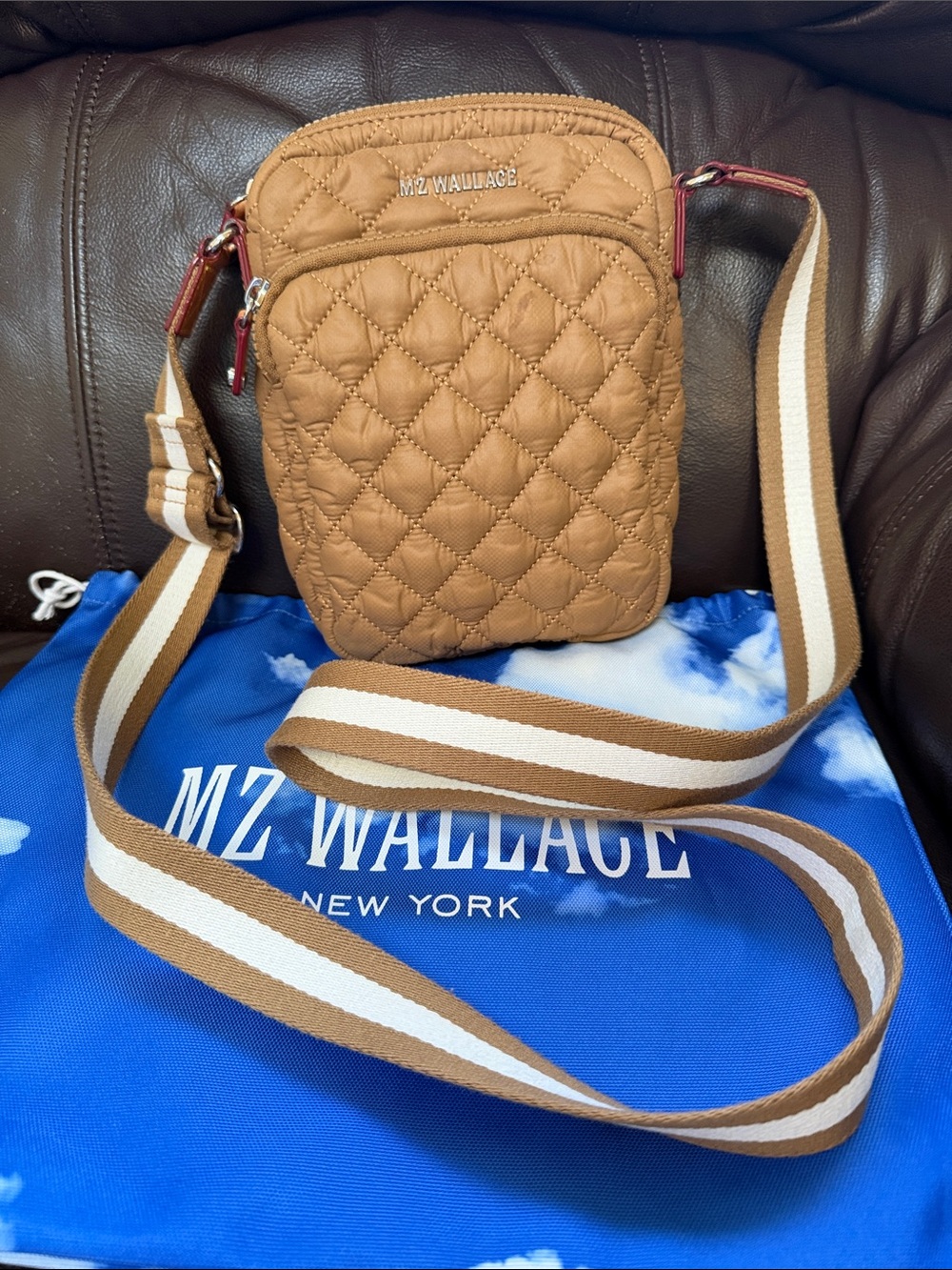 MZ Wallace Quilted Tan Belt Bag with Striped Strap